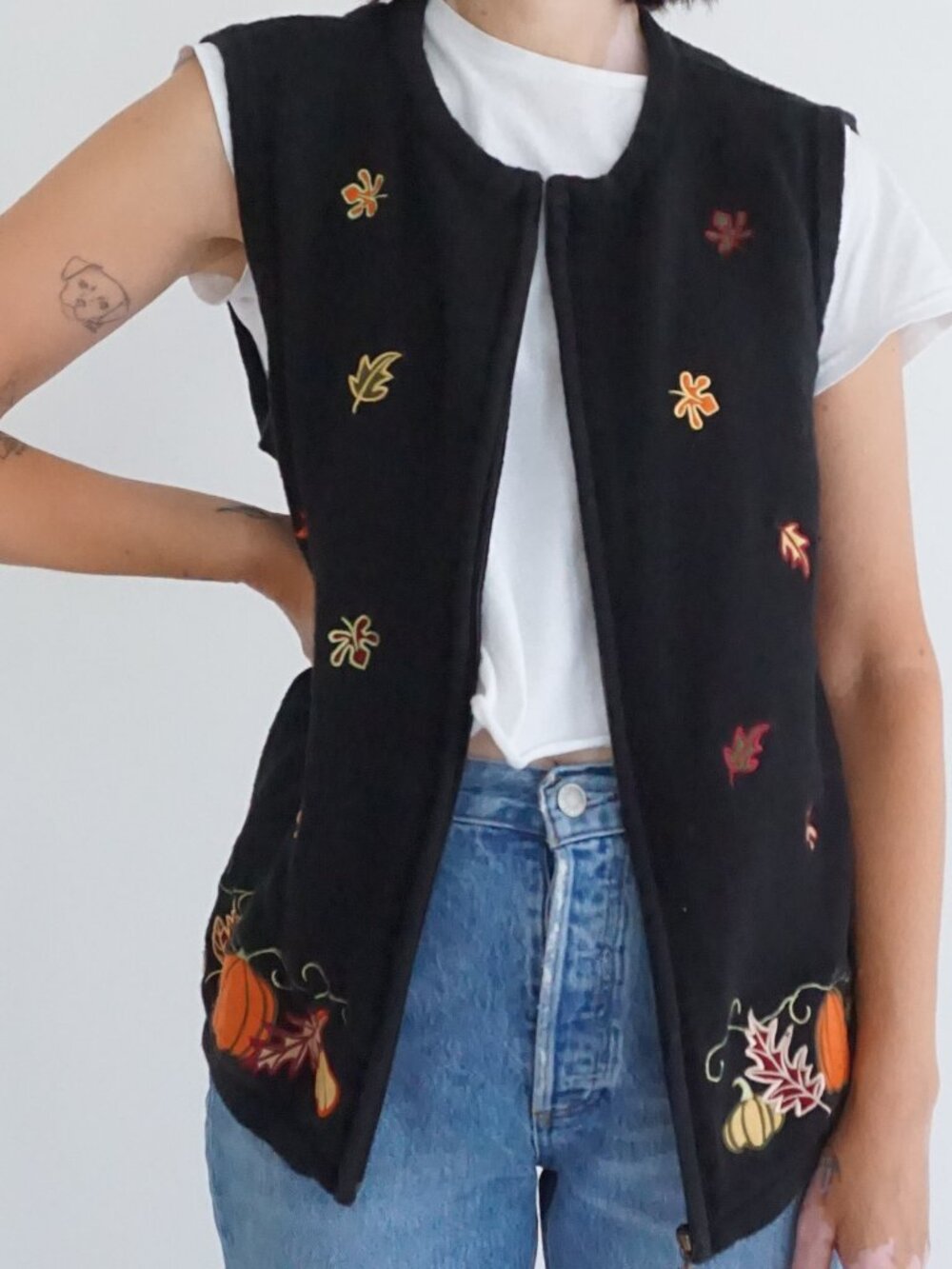 Vintage Breckenridge Black Pumpkin Leaves Embroidery Fall Harvest Sweater Vest L